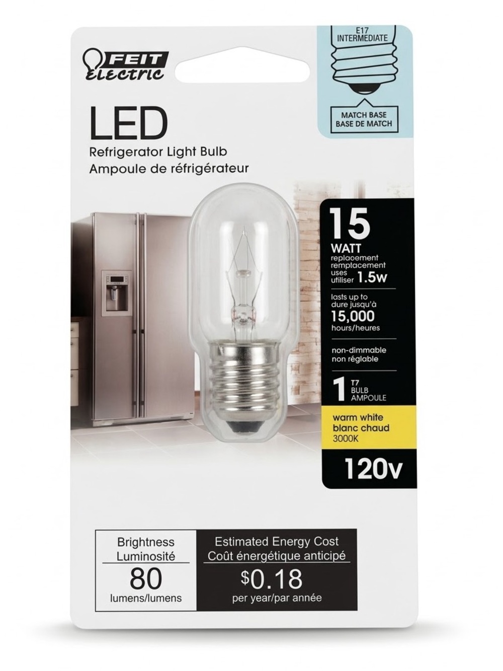 Feit Electric LED Refrigerator Light Bulb 15W E17 Base Warm White NWT